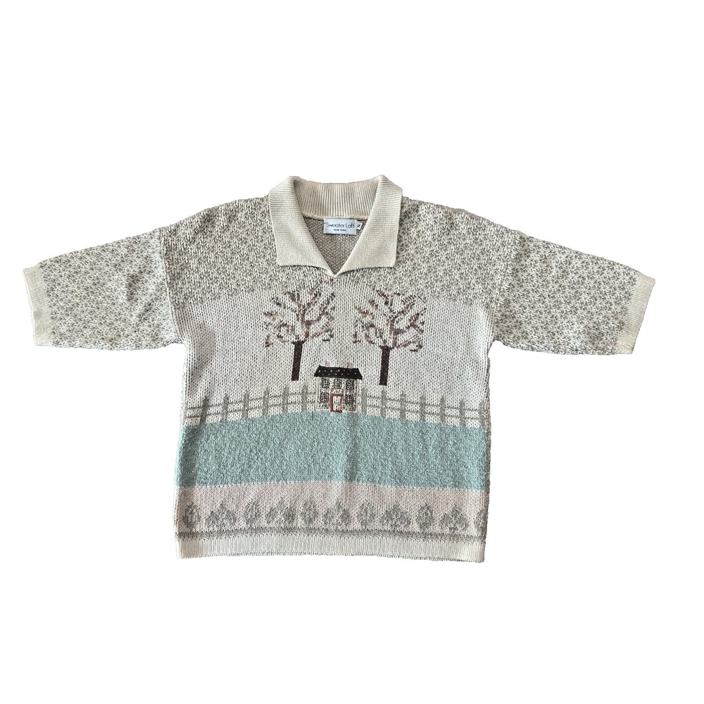 Vtg 80s Sweater Loft USA Applique House Trees Short Sleeve Sweater Sz Small